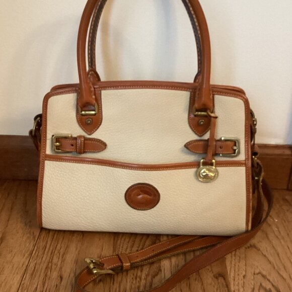 VTG Dooney & Bourke USA AWL Buckle Satchel Purse Bone & British Tan Leather - Picture 1 of 15